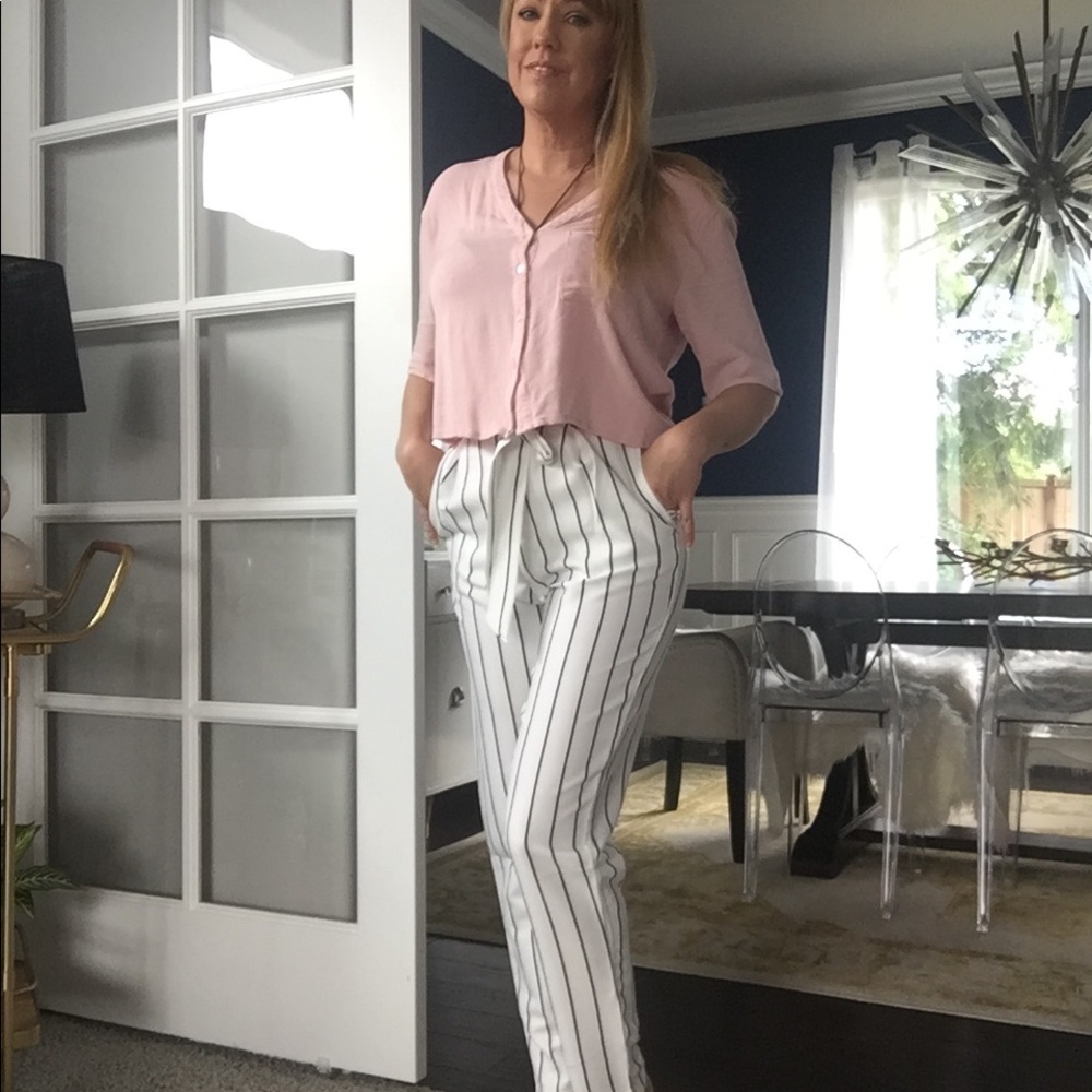 Black and white striped pants
